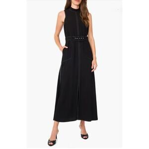 Halogen Topstitched Belted Waist Sleeveless Mock Neck Midi Dress Black Sz XL